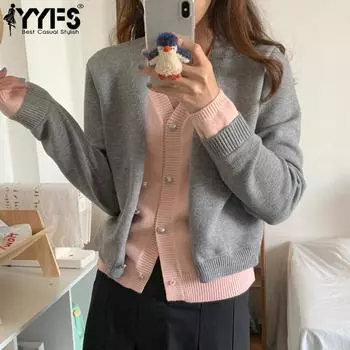 YYFS Женская мода Повседневный Осень Зима Однотонный Принт Длинный Рукав V-образный Вырез Свитера Size: One Size серый