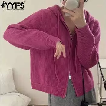 YYFS Женская мода Повседневный Осень Зима Однотонный Принт Длинный Рукав С Капюшоном Свитеры One size розы красного