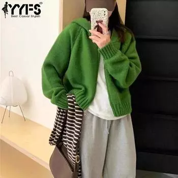 YYFS Женская мода Повседневный Осень Зима Однотонный Принт Длинный Рукав С Капюшоном Свитеры Size: One Size зелёный