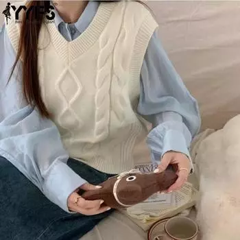 YYFS Женская мода Повседневный Осень Зима Однотонный принт Без рукавов V-образный вырез свитера Size: One Size бежевый