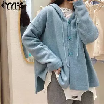 YYFS Женская мода Повседневный Осень Зима Однотонный Принт Длинный Рукав С Капюшоном Свитеры Size: One Size синий