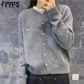 YYFS Женская мода Повседневный Осень Зима Однотонный Принт Длинный Рукав О-Образным Вырезом Свитера Size: One Size серый