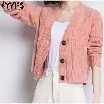 YYFS Женская мода Повседневный Осень Зима Однотонный Принт Длинный Рукав V-образный Вырез Свитера One size розовый