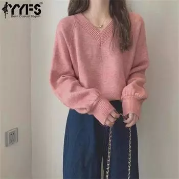 YYFS Женская мода Повседневный Осень Зима Однотонный Принт Длинный Рукав V-образный Вырез Свитера One size бежевый