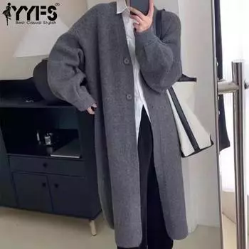 YYFS Женская мода Повседневный Осень Зима Однотонный Принт Длинный Рукав V-образный Вырез Свитера Size: One Size серый