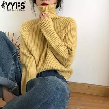 YYFS Женская мода Повседневный Осень Зима Однотонный Принт Длинный Рукав Высокий Воротник Свитера One size жёлтый