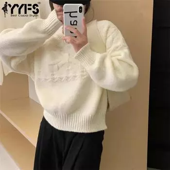 YYFS Женская мода Повседневный Осень Зима Однотонный Принт Длинный Рукав О-Образным Вырезом Свитера Size: One Size бежевый