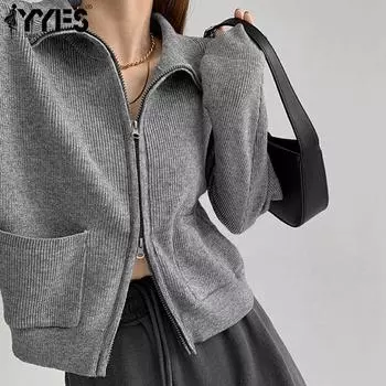 YYFS Женская мода Повседневный Осень Зима Однотонный Принт Длинный Рукав Поло Воротник Свитера Size: One Size серый