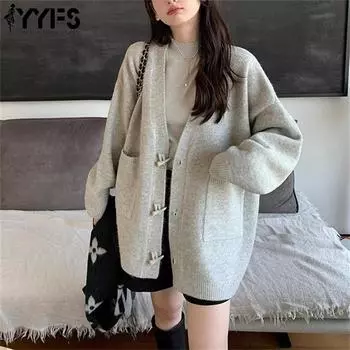 YYFS Женская мода Повседневный Осень Зима Однотонный Принт Длинный Рукав V-образный Вырез Свитера One Size абрикосовый