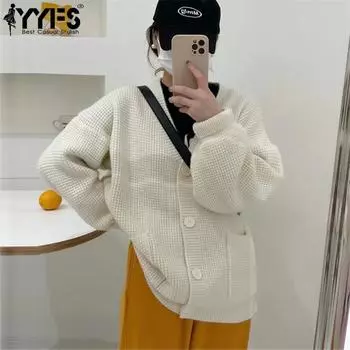 YYFS Женская мода Повседневный Осень Зима Однотонный Принт Длинный Рукав V-образный Вырез Свитера One size бежевый