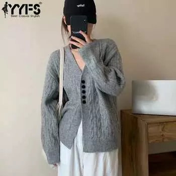 YYFS Женская мода Повседневный Осень Зима Однотонный Принт Длинный Рукав V-образный Вырез Свитера Size: One Size