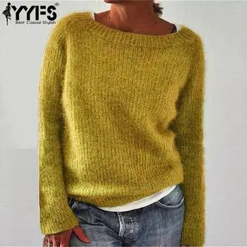 YYFS Женская мода Повседневный Осень Зима Однотонный Принт Длинный Рукав О-Образным Вырезом Свитера S жёлтый