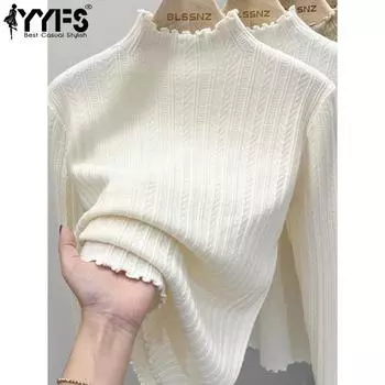 YYFS Женская мода Повседневный Осень Зима Однотонный Принт Длинный Рукав Полуводолазка Свитера One Size белый