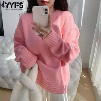 YYFS Женская мода Повседневный Осень Зима Однотонный Принт Длинный Рукав О-Образным Вырезом Свитера Size: One Size розовый