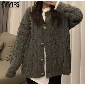 YYFS Женская мода Повседневный Осень Зима Однотонный Принт Длинный Рукав О-Образным Вырезом Свитера One Size темно-серого