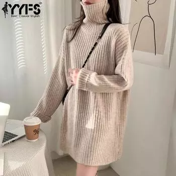 YYFS Женская мода Повседневный Осень Зима Однотонный Принт Длинный Рукав Высокий Воротник Свитера Size: One Size