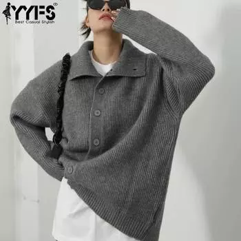 YYFS Женская мода Повседневный Осень Зима Однотонный Принт Длинный Рукав Поло Воротник Свитера Size: One Size серый