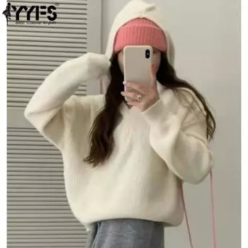 YYFS Женская мода Повседневный Осень Зима Однотонный Принт Длинный Рукав С Капюшоном Свитеры Size: One Size бежевый