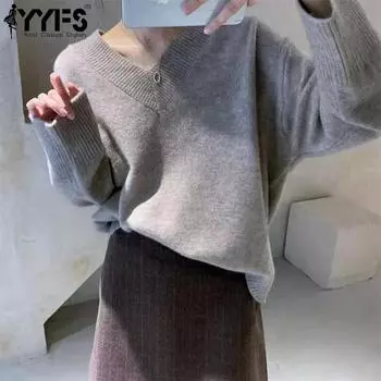 YYFS Женская мода Повседневный Осень Зима Однотонный Принт Длинный Рукав V-образный Вырез Свитера One size хаки