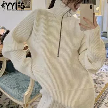 YYFS Женская мода Повседневный Осень Зима Однотонный Принт Длинный Рукав Высокий Воротник Свитера Size: One Size серый