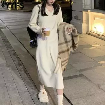 YYFS Женская мода Повседневный Осень Зима Однотонный Принт Длинный Рукав V-образный Вырез Свитера Size: One Size белый