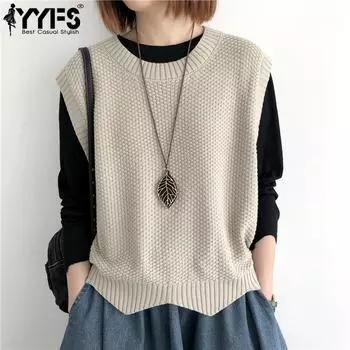 YYFS Женская мода Повседневный Осень Зима Однотонный Принт Без Рукавов Свитера О-Образным Вырезом One Size