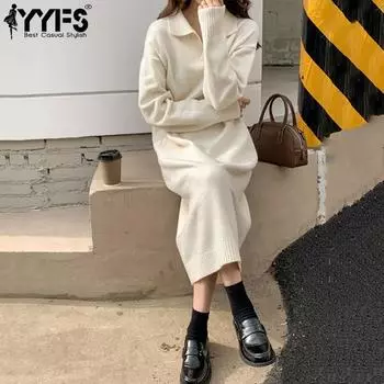 YYFS Женская мода Повседневный Осень Зима Однотонный Принт Длинный Рукав Поло Воротник Свитера Size: One Size белый