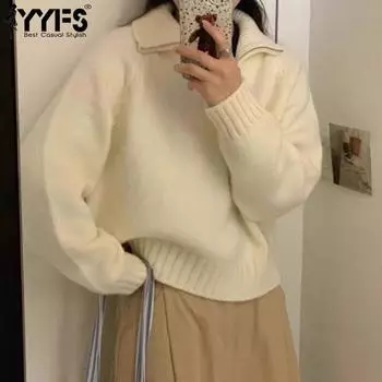 YYFS Женская мода Повседневный Осень Зима Однотонный Принт Длинный Рукав Поло Воротник Свитера One Size