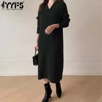 YYFS Женская мода Повседневный Осень Зима Однотонный Принт Длинный Рукав V-образный Вырез Свитера Size: One Size чёрный