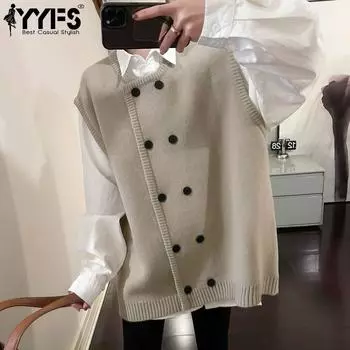 YYFS Женская мода Повседневный Осень Зима Однотонный Принт Без Рукавов Свитера О-Образным Вырезом Size: One Size хаки