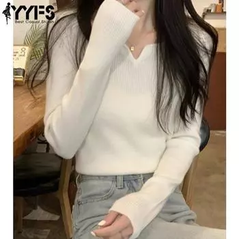 YYFS Женская мода Повседневный Осень Зима Однотонный Принт Длинный Рукав V-образный Вырез Свитера One Size белый