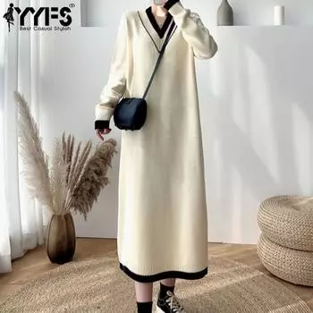 YYFS Женская мода Повседневный Осень Зима Однотонный Принт Длинный Рукав V-образный Вырез Свитера Size: One Size белый