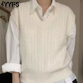 YYFS Женская мода Повседневный Осень Зима Однотонный принт Без рукавов V-образный вырез свитера One Size белый