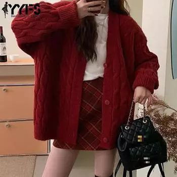 YYFS Женская мода Повседневный Осень Зима Однотонный Принт Длинный Рукав V-образный Вырез Свитера One Size красный