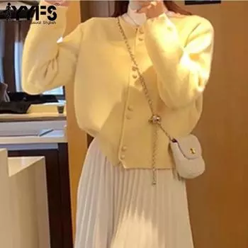 YYFS Женская мода Повседневный Осень Зима Однотонный Принт Длинный Рукав О-Образным Вырезом Свитера Size: One Size светло-желтого