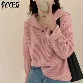 YYFS Женская мода Повседневный Осень Зима Однотонный Принт Длинный Рукав Поло Воротник Свитера One Size абрикосовый