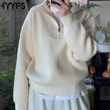 YYFS Женская мода Повседневный Осень Зима Однотонный Принт Длинный Рукав Поло Воротник Свитера One Size белый