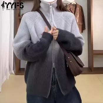 YYFS Женская мода Повседневный Осень Зима Однотонный Принт Длинный Рукав Поло Воротник Свитера Size: One Size серый