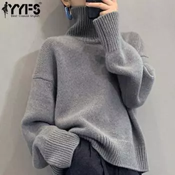 YYFS Женская мода Повседневный Осень Зима Однотонный Принт Длинный Рукав Высокий Воротник Свитера One Size серый
