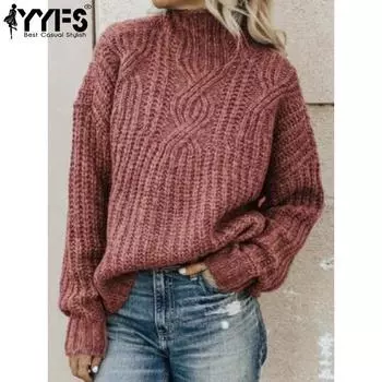 YYFS Женская мода Повседневный Осень Зима Однотонный Принт Длинный Рукав Высокий Воротник Свитера S розовый