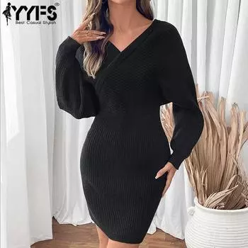 YYFS Женская мода Повседневный Осень Зима Однотонный Принт Длинный Рукав V-образный Вырез Свитера S чёрный