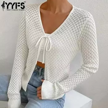 YYFS Женская мода Повседневный Осень Зима Однотонный Принт Длинный Рукав V-образный Вырез Свитера S белый