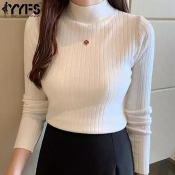 YYFS Женская мода Повседневный Осень Зима Однотонный Принт Длинный Рукав Полуводолазка Свитера One size белый