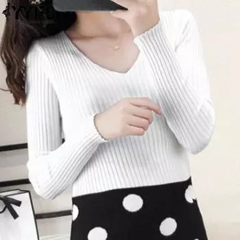 YYFS Женская мода Повседневный Осень Зима Однотонный Принт Длинный Рукав V-образный Вырез Свитера One Size белый