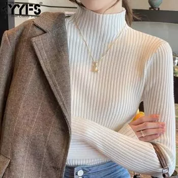 YYFS Женская мода Повседневный Осень Зима Однотонный Принт Длинный Рукав Полуводолазка Свитера One Size белый