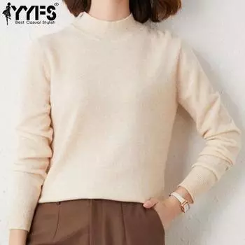 YYFS Женская мода Повседневный Осень Зима Однотонный Принт Длинный Рукав Полуводолазка Свитера One size белый