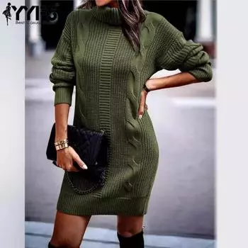 YYFS Женская мода Повседневный Осень Зима Однотонный Принт Длинный Рукав Высокий Воротник Свитера S армия зеленый