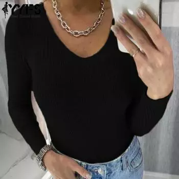 YYFS Женская мода Повседневный Осень Зима Однотонный Принт Длинный Рукав V-образный Вырез Свитера S чёрный