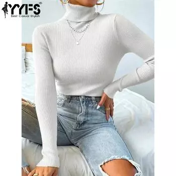 YYFS Женская мода Повседневный Осень Зима Однотонный Принт Длинный Рукав Высокий Воротник Свитера S белый