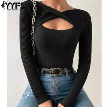 YYFS Женская мода Повседневный Осень Зима Однотонный Принт Длинный Рукав Свитера S чёрный